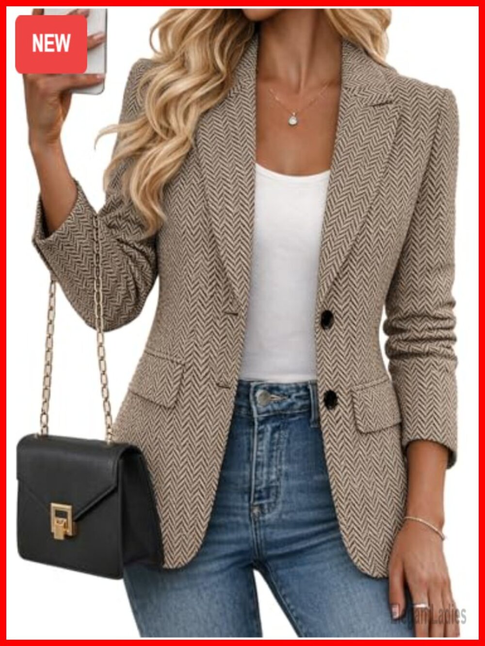 Women's Herringbone Tweed Blazer Two-Button Business Casual Suit Jacket